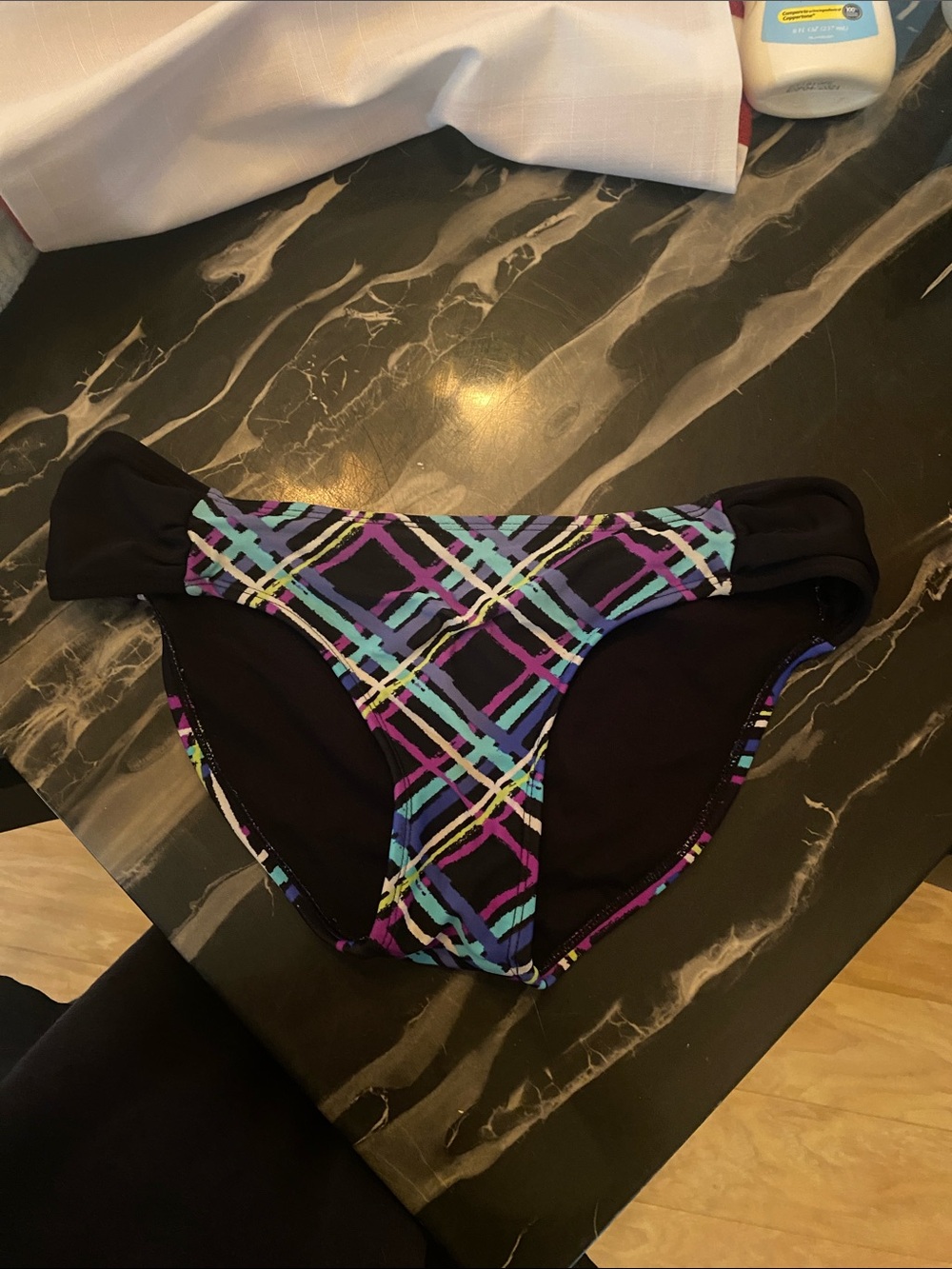 Women's Black Bikini Bottom with Colorful Plaid Stripes